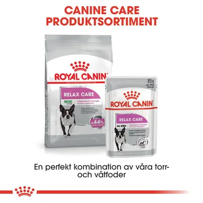 Royal Canin Relax Care Mini torrfoderpåse och Relax Care All Sizes våtfoder 85 g. Text: Canine Care produktsortiment. En perfekt kombination av våra torr- och våtfoder.