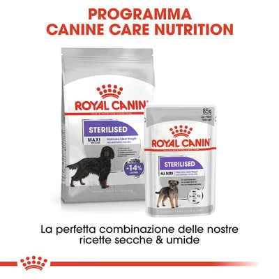 ROYAL CANIN STERILISED Maxi e All Sizes, confezioni di crocchette e cibo umido per cani sterilizzati. Testo: Programma Canine Care Nutrition, la perfetta combinazione di ricette secche & umide.