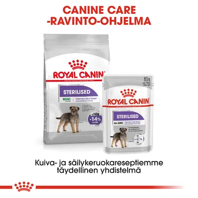 Royal Canin Sterilised -kuivaruoka ja -säilykeruoka koirille, pakkauksissa näkyy teksti: MINI, ALL SIZES, -14 % calories, 85 g. Yhdistelmäohjelma steriloiduille koirille.