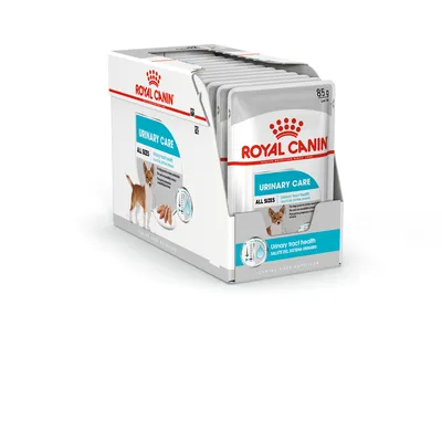 Pachet cu plicuri Royal Canin Urinary Care pentru câini, 85 g, text vizibil: All Sizes, Urinary tract health. Imagine cu un câine mic pe ambalaj.