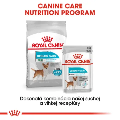 Royal Canin Urinary Care MINI suché krmivo a Urinary Care ALL SIZES kapsička pre psov, kombinácia suchej a vlhkej receptúry. Text: Dokonalá kombinácia našej suchej a vlhkej receptúry.