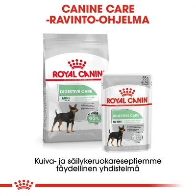 Royal Canin Digestive Care Mini -kuivaruoka ja Digestive Care All Sizes -säilykeruoka koirille. Teksti: Canine Care -ravinto-ohjelma, täydellinen yhdistelmä.
