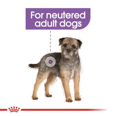 Image shows a dog with the text 'For neutered adult dogs', indicating the product is intended for neutered adult dogs.