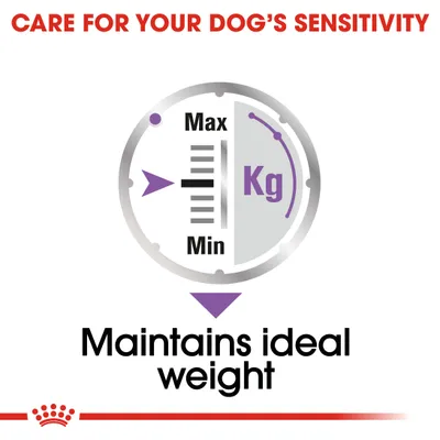Care for your dog's sensitivity. Maintains ideal weight. Gauge showing min and max kilograms.