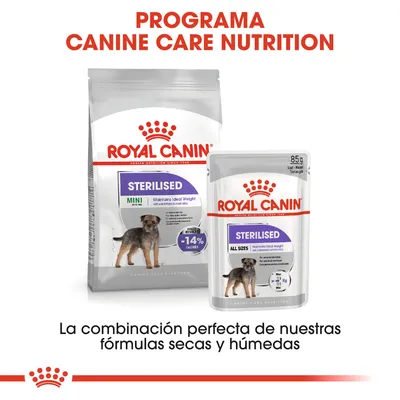 ROYAL CANIN STERILISED MINI y ALL SIZES, comida seca y húmeda para perros esterilizados. Texto: Programa Canine Care Nutrition. La combinación perfecta de nuestras fórmulas secas y húmedas.