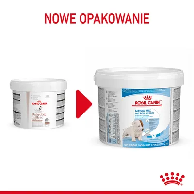 Royal Canin Babydog Milk – porównanie starego i nowego opakowania produktu dla szczeniąt, widoczne napisy: NOWE OPAKOWANIE, Babydog milk, BABYDOG MILK LAIT POUR CHIOTS.