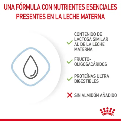 Una fórmula con nutrientes esenciales presentes en la leche materna: lactosa similar, fructo-oligosacáridos, proteínas ultra digestibles, sin almidón añadido. Royal Canin.