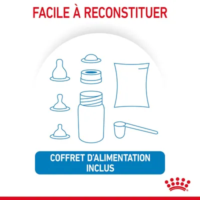 Facile à reconstituer. Coffret d’alimentation inclus avec biberon, tétines, doseur et sachet, schéma des éléments visibles. Texte en français.