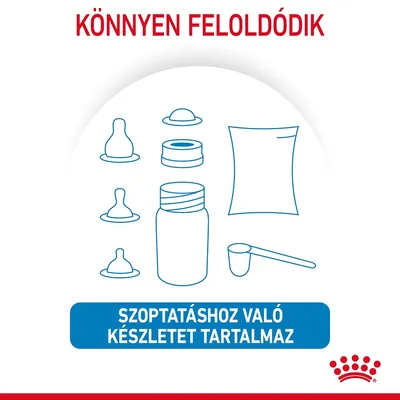 Könnyen feloldódik. Szoptatáshoz való készletet tartalmaz: cumisüveg, cumik, mérőkanál, kupak, tasak rajza látható.