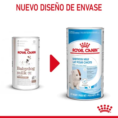 Comparación de envases antiguos y nuevos de Royal Canin Babydog Milk para cachorros, con texto 'Nuevo diseño de envase' en la parte superior.