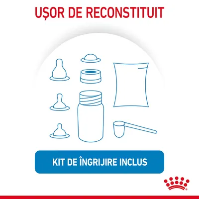 Text: Ușor de reconstituit. Kit de îngrijire inclus. Ilustrație cu biberon, tetine, linguriță dozatoare și plic. Marcă Royal Canin vizibilă jos. Text: Ușor de reconstituit. Kit de îngrijire inclus. Ilustrație cu biberon, tetine, linguriță dozatoare și plic. Marcă Royal Canin vizibilă jos.