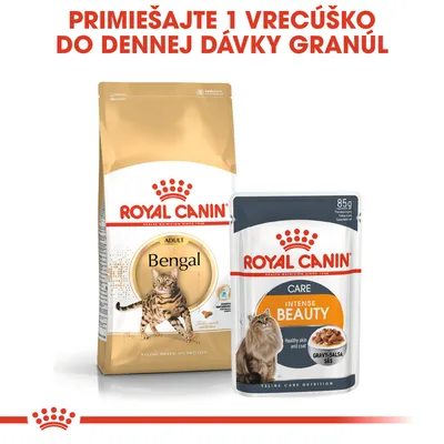 ROYAL CANIN Bengal Adult granuly a ROYAL CANIN Care Intense Beauty kapsička 85 g. Text: Primiešajte 1 vrecúško do dennej dávky granúl.