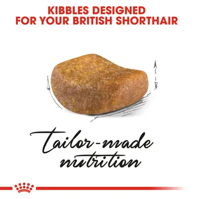 Kibble designed for British Shorthair, showing a single piece with the text 'tailor-made nutrition'.