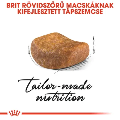 Brit rövidszőrű macskáknak kifejlesztett tápszemcse, alatta: tailor-made nutrition felirat angolul