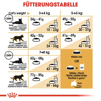 Fütterungstabelle für Katzen nach Gewicht und Energiebedarf: 3-4kg, 5-6kg, 7-8kg. Angaben zu Trockenfuttermengen, Ergänzung mit Nassfutter und Wasser. Royal Canin British Shorthair in Sosse.