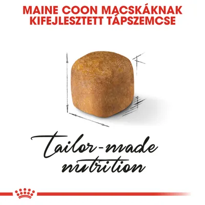 MAINE COON MACSKÁKNAK KIFEJLESZTETT TÁPSZEMCSE, tailor-made nutrition felirat, egy nagy barna tápszemcse látható rajzolt méretjelölésekkel.