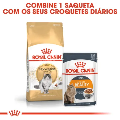 ROYAL CANIN Norwegian Forest Cat Adult e ROYAL CANIN Intense Beauty Care 85 g. Texto: Combine 1 saqueta com os seus croquetes diários.
