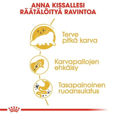 Anna kissallesi räätälöityä ravintoa. Terve pitkä karva, karvapallojen ehkäisy, tasapainoinen ruoansulatus.