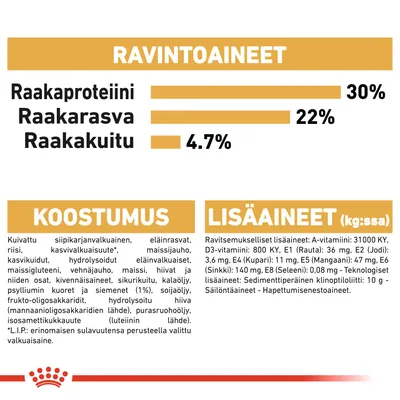 Ravintoaineet: raakaproteiini 30 %, raakarasva 22 %, raakakuitu 4,7 %. Koostumus ja lisäaineet lueteltu: siipikarjanvalkuainen, eläinrasvat, kasvikuidut, vitamiinit, kivennäisaineet.