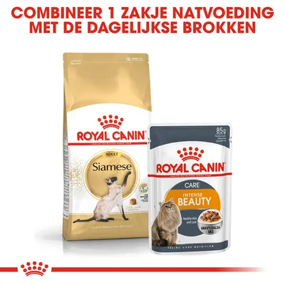 Royal Canin Adult Siamese kattenbrokken en Royal Canin Care Intense Beauty natvoeding 85g. Tekst: Combineer 1 zakje natvoeding met de dagelijkse brokken.