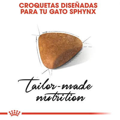 Croquetas diseñadas para tu gato Sphynx. Texto en inglés: tailor-made nutrition. Imagen de una croqueta marrón con líneas de diseño alrededor.