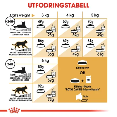 Utfodringstabell för katt: daglig mängd torrfoder och kombination med våtfoder beroende på vikt (3–6 kg) och aktivitetsnivå. Exempel: 3 kg inaktiv katt, 49 g torrfoder eller 28 g + 1 påse.