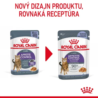 ROYAL CANIN Appetite Control Care pre mačky, 85 g. Nový dizajn produktu, rovnaká receptúra. Zobrazené staré a nové balenie s textom o kontrole apetítu.