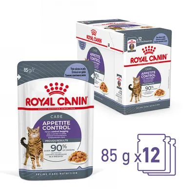 Royal Canin Care Appetite Control kattefoder, 85 g poser, pakke med 12. Synlig tekst: 'Over 90% of owners controlled begging in 4 weeks'. Billede af kat og foderret.