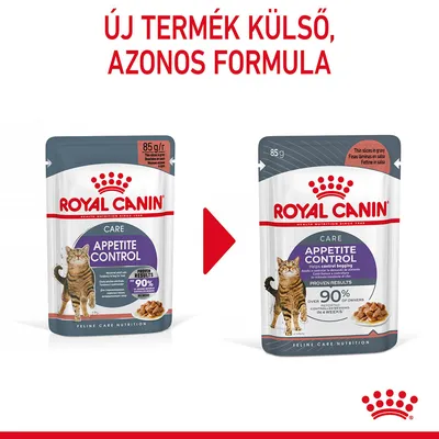 Royal Canin Appetite Control macskaeledel 85 g, új csomagolás, azonos formula. Két tasak egymás mellett, felül: Új termék külső, azonos formula.