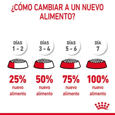 Instrucciones para cambiar a un nuevo alimento: días 1–2, 25 %; días 3–4, 50 %; días 5–6, 75 %; día 7, 100 % nuevo alimento. Marca Royal Canin visible.