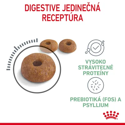 Digestive jedinečná receptúra, vysoko stráviteľné proteíny, prebiotiká (FOS) a psyllium. Zobrazené granule s otvorom uprostred. Royal Canin.