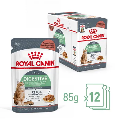 Royal Canin Care Digestive våtfoder för katt, 12 portionspåsar à 85 g. Text: '95 % healthy stool quality in 10 days', tunna skivor i sås. Bild på katt och foder.
