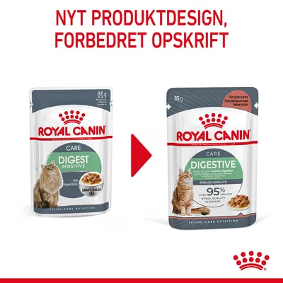 Royal Canin Care Digest Sensitive og Digestive kattefoder 85 g poser. Tekst: Nyt produktdesign, forbedret opskrift. Over 95 % stool quality in 10 days.