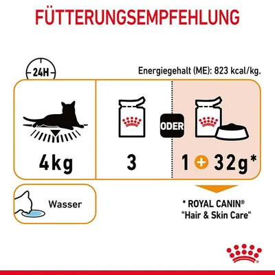 Fütterungsempfehlung für Katzen: 4kg Körpergewicht, täglich 3 Beutel oder 1 Beutel + 32g Trockenfutter. Energiegehalt: 823 kcal/kg. Wasser bereitstellen. Royal Canin Hair & Skin Care.