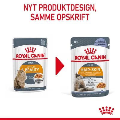 Royal Canin kattefoder 85 g: venstre pakke 'Intense Beauty', højre pakke 'Hair & Skin'. Tekst øverst: Nyt produktdesign, samme opskrift.