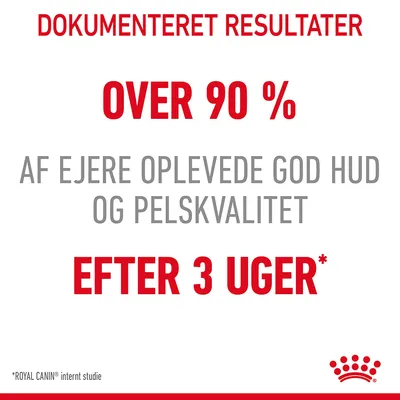 Dokumenteret resultater: Over 90 % af ejere oplevede god hud og pels kvalitet efter 3 uger. *ROYAL CANIN intern studie