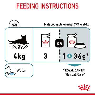 Feeding instructions for a 4kg cat: either 3 pouches daily or 1 pouch plus 36g dry food. Ensure fresh water is available. Metabolisable energy: 779 kcal/kg.
