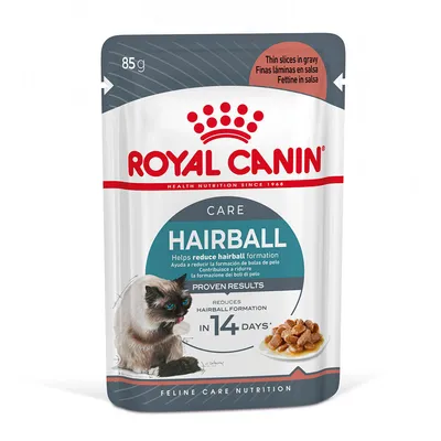 Royal Canin Care Hairball cat food pouch, 85g. Text: Helps reduce hairball formation, proven results, reduces hairball formation in 14 days. Thin slices in gravy. Feline care nutrition.