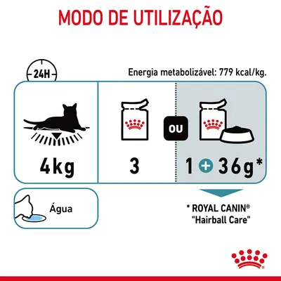 Modo de utilização: para um gato de 4 kg, dar 3 saquetas ou 1 saqueta mais 36 g de ração Royal Canin Hairball Care por dia. Energia metabolizável: 779 kcal/kg. Água disponível.