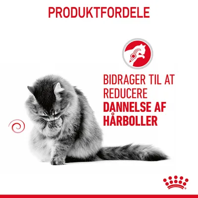 PRODUKTFORDELE. Bidrager til at reducere dannelse af hårboller. Billede af kat og grafisk ikon med katteprofil.