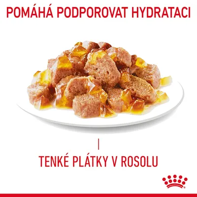 Pomáhá podporovat hydrataci. Tenké plátky v rosolu. Na talíři jsou vidět kousky masa v želé. Royal Canin.