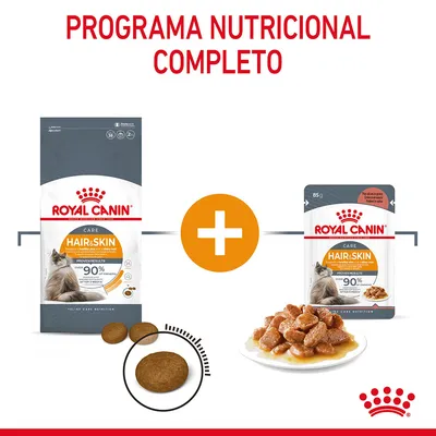 Royal Canin Hair & Skin para gatos: saco de pienso y sobre de comida húmeda, ambos con texto '90 % resultados probados'. Programa nutricional completo. Croquetas y trozos en salsa visibles.