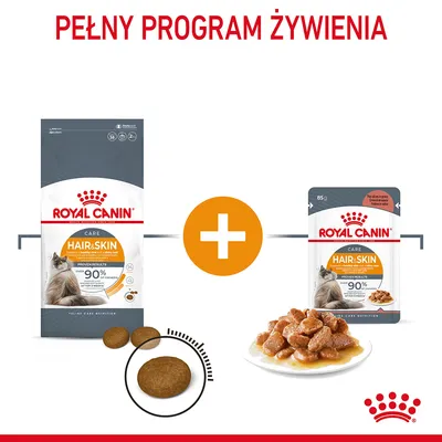 Royal Canin Hair & Skin: opakowanie suchej karmy dla kota, opakowanie mokrej karmy 85 g oraz miska z kawałkami w sosie. Widoczny napis: Pełny program żywienia.