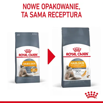 Royal Canin Hair & Skin dla kotów – porównanie starego i nowego opakowania. Widoczny napis: Nowe opakowanie, ta sama receptura.