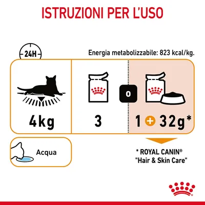 Istruzioni per l’uso: gatto 4 kg, 3 buste o 1 busta più 32 g crocchette Royal Canin Hair & Skin Care. Energia metabolizzabile: 823 kcal/kg. Acqua sempre disponibile.