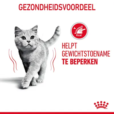 Gezondheidsvoordeel. Helpt gewichtstoename te beperken. Kcal-meter icoon zichtbaar. Royal Canin merknaam niet in tekst, wel herkenbaar aan kroontje onderaan.