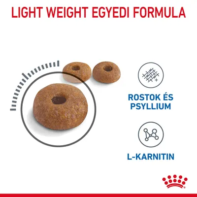 LIGHT WEIGHT EGYEDI FORMULA, rostok és psyllium, L-karnitin felirat; három barna színű, lyukas száraztáp szemcse látható.
