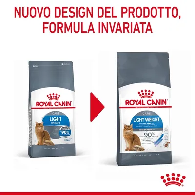 Nuovo design del prodotto, formula invariata. Due confezioni Royal Canin Care Light Weight per gatti, con dicitura 'Proven results 90%'.