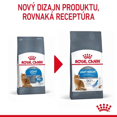 Nový dizajn produktu, rovnaká receptúra. Royal Canin Care Light Weight pre mačky, 90 % úspešnosť kontroly hmotnosti za 8 týždňov. Zobrazené staré a nové balenie.