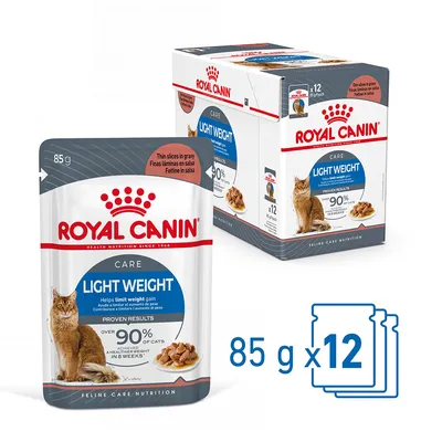 Royal Canin Light Weight Care kapsičky pre mačky, balenie 12×85 g. Viditeľný text: Light Weight, over 90% of cats achieved a healthy weight in 8 weeks, thin slices in gravy.